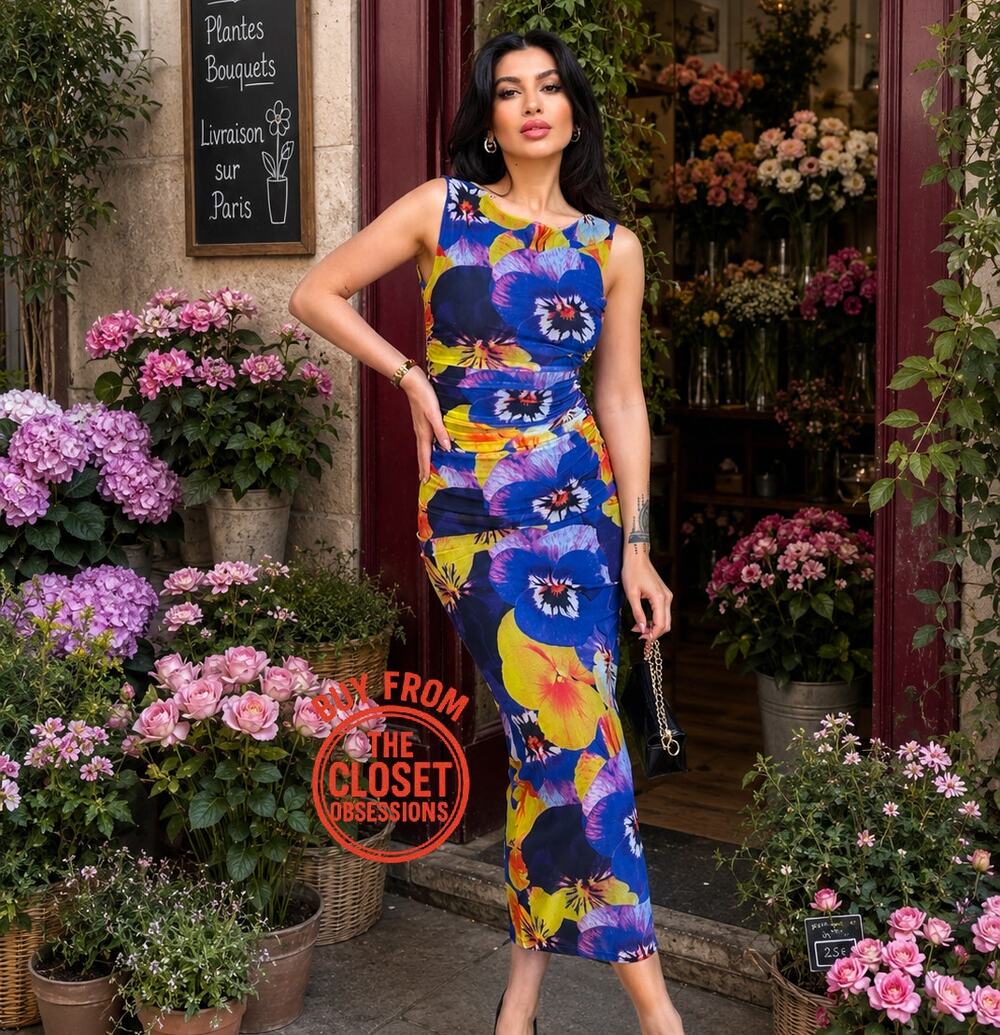 Zara NWT Tropical Floral Ruched Bodycon Open Back Midi Dress L